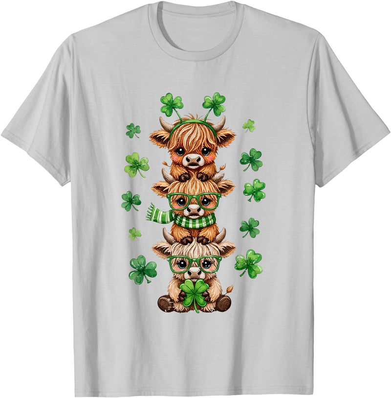 St Patricks Day Highland Cow Lucky Irish Shamrock Funny St Patrick's Day Highland Cow Lucky Shamrock Irish T-Shirt - Silver
