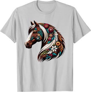 Horse Riding Lovers Gifts For Cowgirls & Girls Equestrian Horse Riding, Western Horseback, Horse Flower T-Shirt - Silver Grey