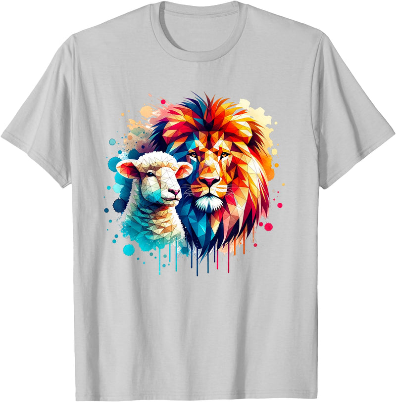 Christian Clothing Lion And Lamb Christian Art Lion And Lamb Geometric Christian Clothing T-Shirt - Silver Grey