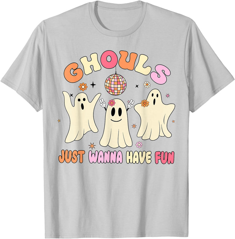 Groovy Ghosts Just Wanna Have Fun Funny Halloween T-Shirt - Silver Grey