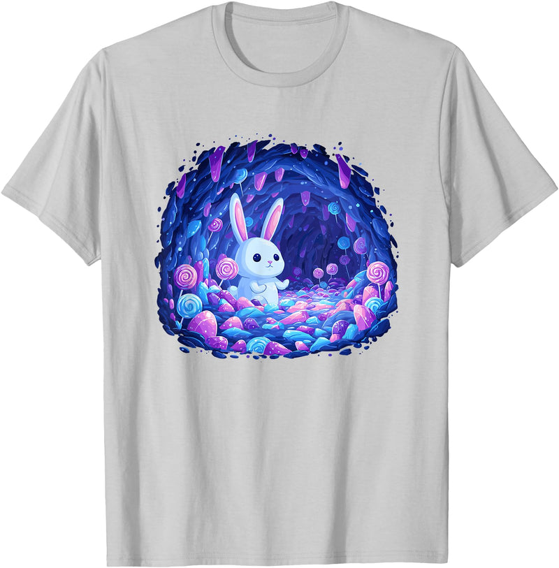 Enchanting Bunny in Candy Cave Fantasy World T-Shirt in Silver Grey