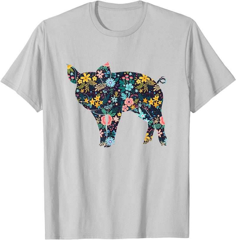 Animal Hog Floral Silhouette Pig Lover Floral Piglet Silhouette Womens Girls Graphic Pig T-Shirt - Silver Grey