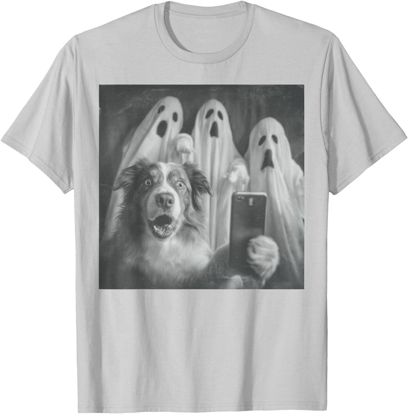 Spooky Aussie Moments Australian Shepherd Selfie Funny Ghost Halloween T-Shirt - Silver Grey