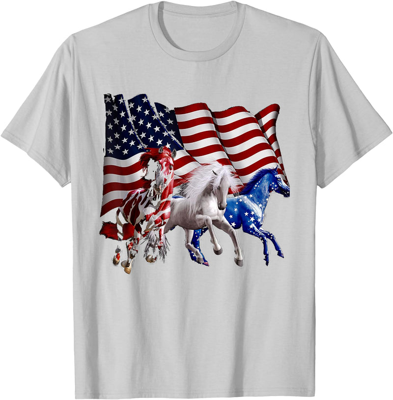 Happy 4th Of July American Flag Red White Horse And Blue T-Shirt - Silver Grey