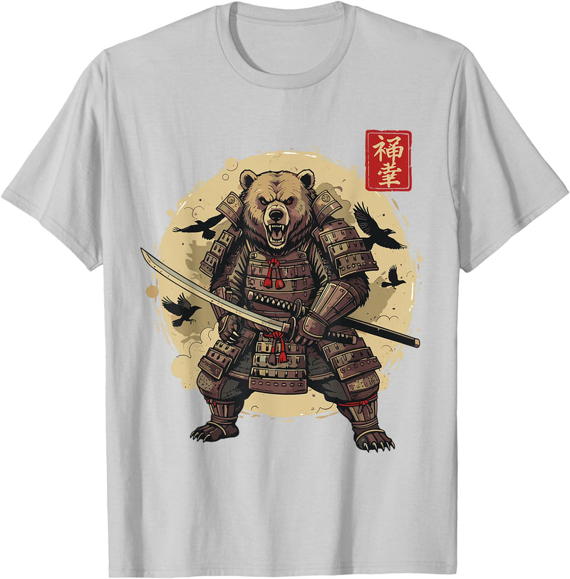 Anime Shirts For Men Women Kids Gifts Samurai Bear Shirt Warrior Vintage Graphic Japanese Men T-Shirt - Silver Grey