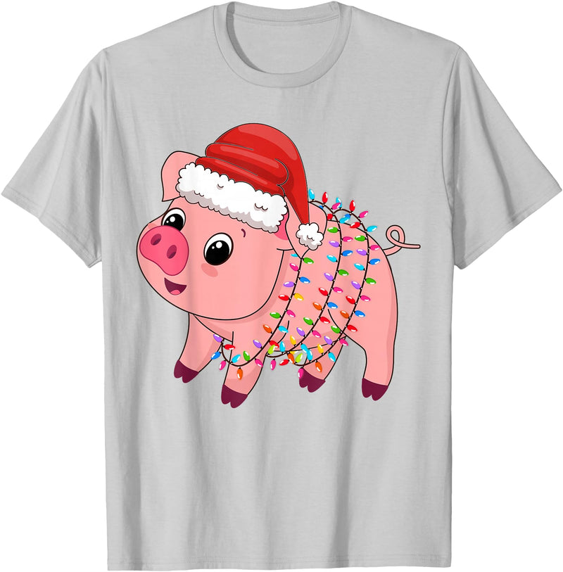 Pig Christmas Gifts Men Women Kids Co. Christmas Lights Pig Wearing Xmas Hat - Pig Lover Farmer T-Shirt - Silver Grey