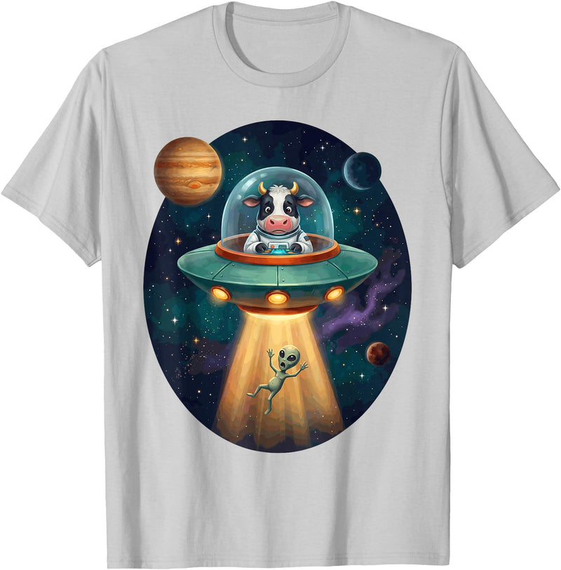 Cow Astronaut Alien Abduction Space Apparel FUUNY Cow Astronaut UFO Abducting Alien Space Farm T-Shirt - Silver Grey