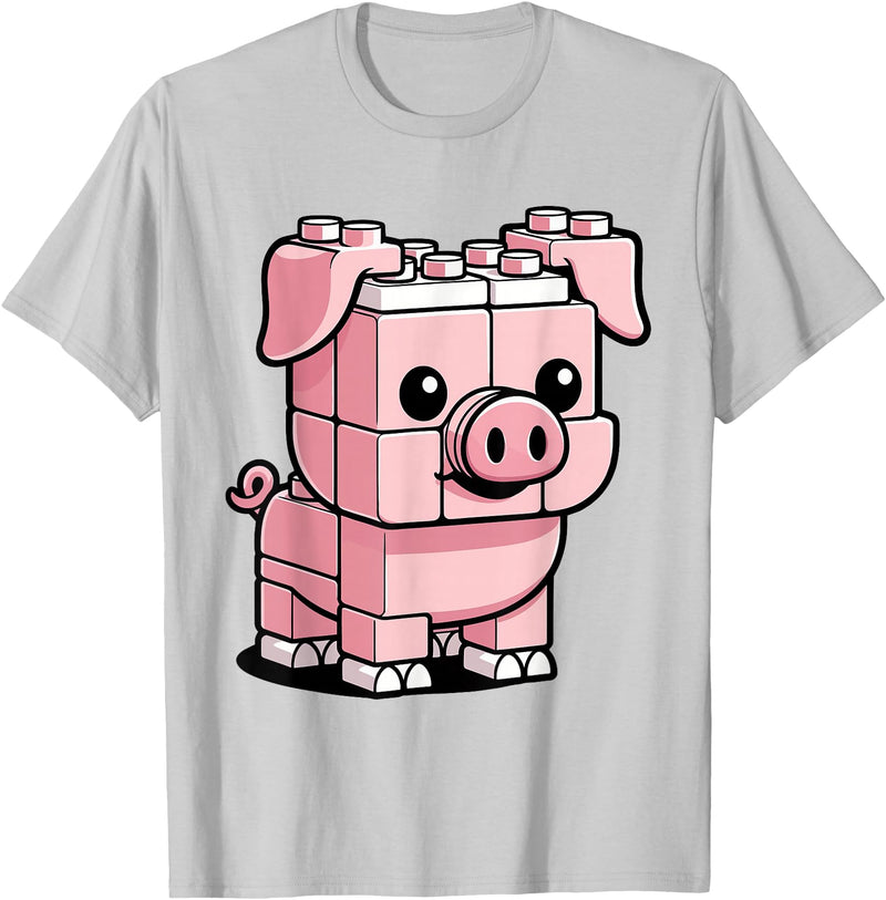 BlockPals DM Funny Pink Brick Pig Building Blocks Farm Animal Character T-Shirt - Silver Grey