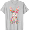 Cute Pink Flower Bunny Rabbit Happy Easter Women Girls T-Shirt in Silver Grey