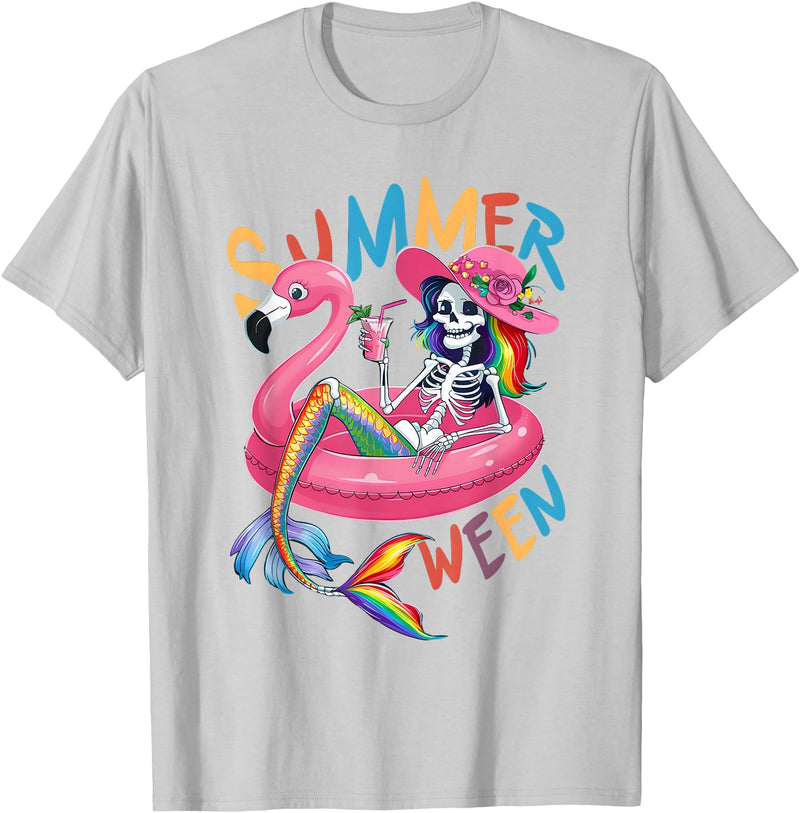 Summer Halloween Summerween Summerween Mermaid Skeleton Flamingo Summer Halloween Women T-Shirt - Silver Grey