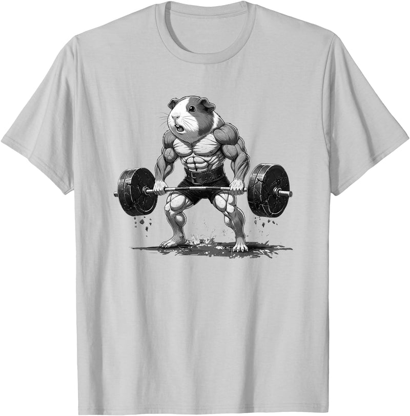 Strong Guinea Pig Lifting Fitness Workout Cool Muscular Guinea Pig Bodybuilder Fitness Power Gym T-Shirt - Silver Grey