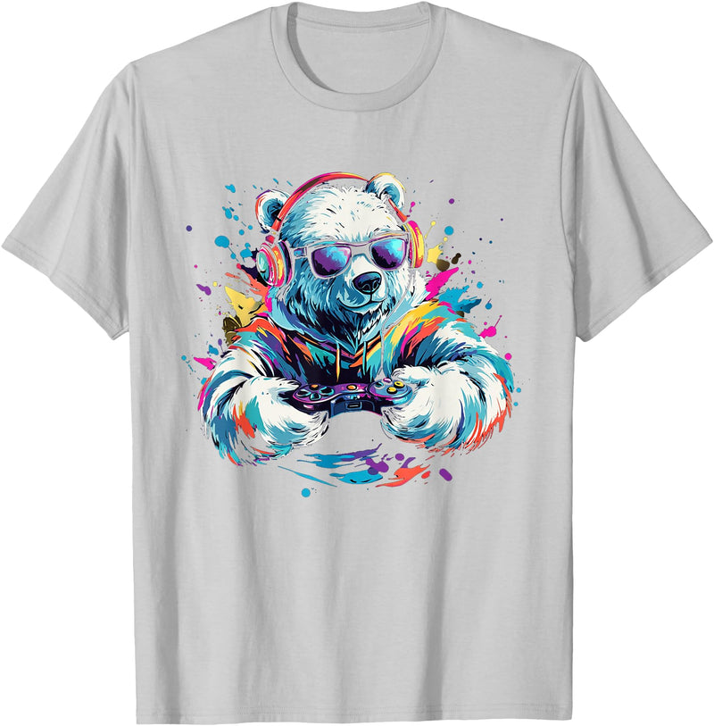 Colorful artistic polar bear gamer animal motifs Gaming Polar Bear Colorful Headset Art Gamer Polar Bear T-Shirt - Silver Grey