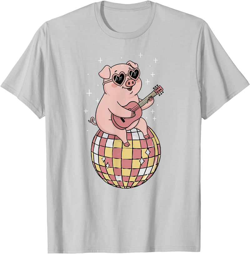 DiscoballAxis1 Funny Pig Disco Dancing Ball Groovy Retro 80s Costume T-Shirt - Silver Grey