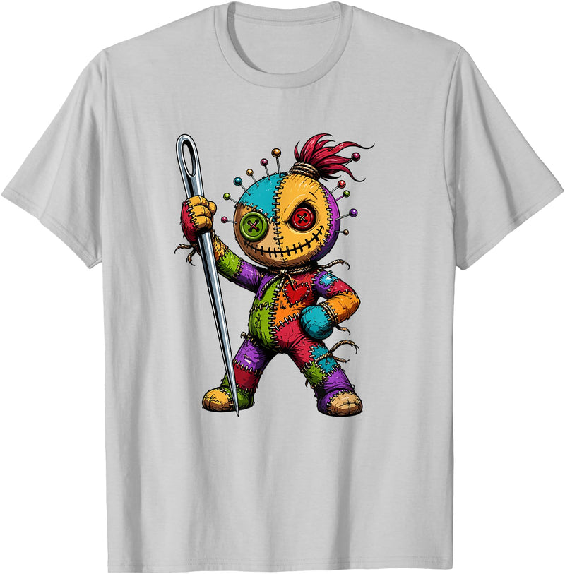 Colorful Voodoo Doll Patchwork Horror Halloween Creepy Rainbow Voodoo Doll with Needle Halloween T-Shirt - Silver Grey