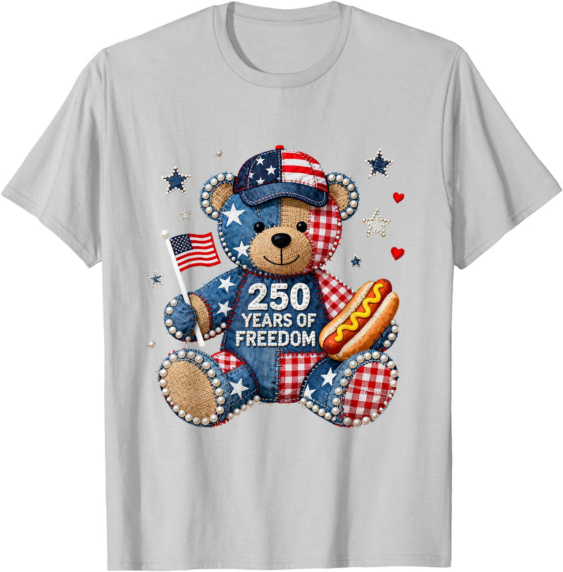 Patriotic Bear USA Vintage Co 250 Years of Freedom Patriotic Bear USA Retro T-Shirt - Silver Grey