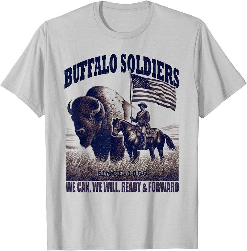 Buffalo Soldiers Vintage Military Graphic Tees Buffalo Soldiers, African American Black History Military T-Shirt - Silver