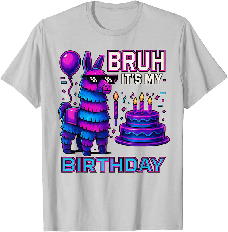 gaming gamer Birthday Llama Pinata Family Apparel Bruh It’s My Birthday Funny Llama Pinata Bday boy Kids Party T-Shirt - Silver Grey