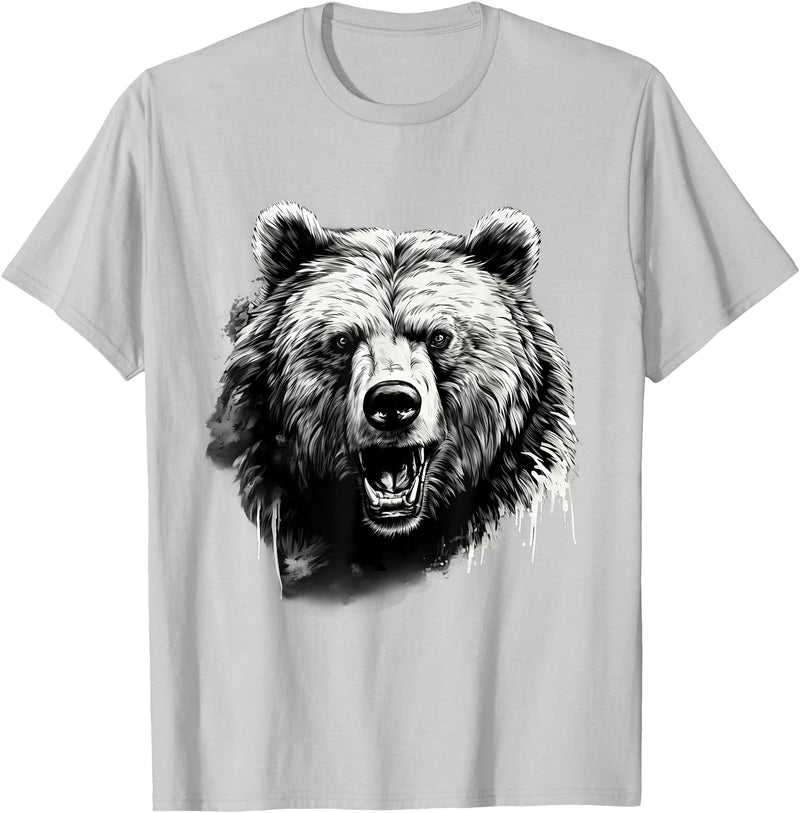 Forest Animal Art Bear Animal Art Portrait Wildlife Nature Artwork Drawing T-Shirt - Silver Grey