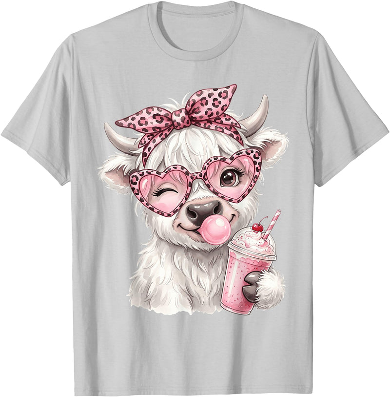 Cute Highlander Cow Lover Designs Scottish Highland Cow Eating Bubblegum T-Shirt - Silver Grey