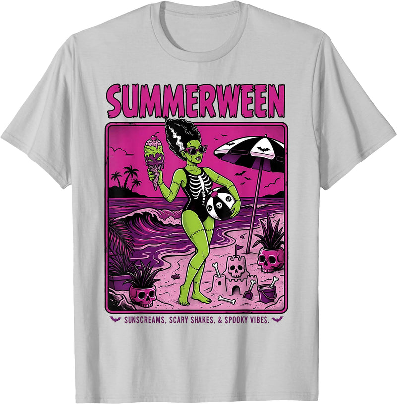 Summerween Halloween in July Spooky Summer Horror summerween Skeleton Beach Halloween Spooky Funny T-Shirt - Silver Grey