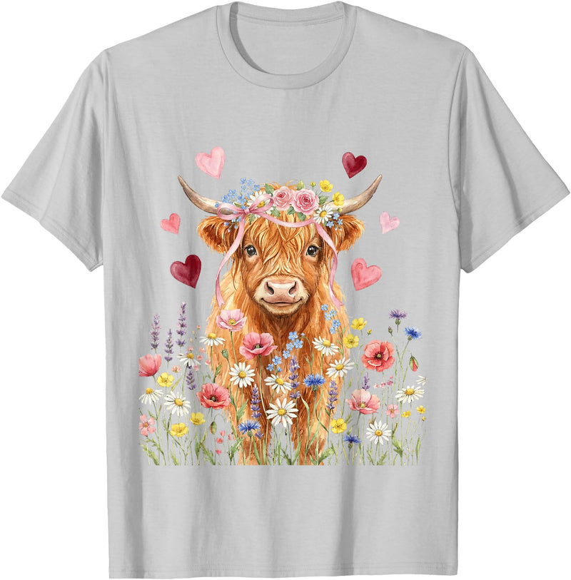 Floral Scottish Highland Cow Farm Animals Cute Highland Cow Women Girls Kid Scottish Cow Highland Cow T-Shirt - Silver Grey