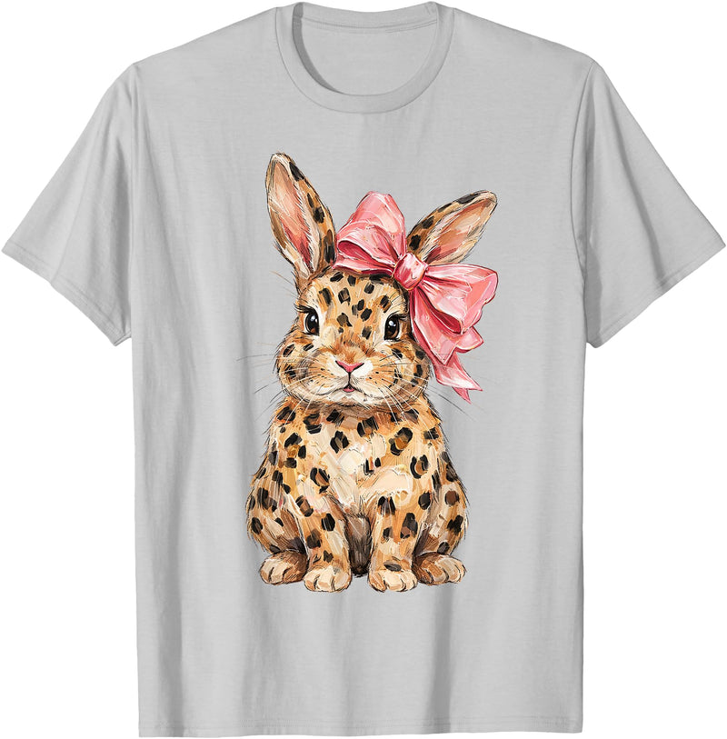 Cute Bunny Leopard Coquette Bow Rabbit Easter Women Girls T-Shirt in Silver Grey