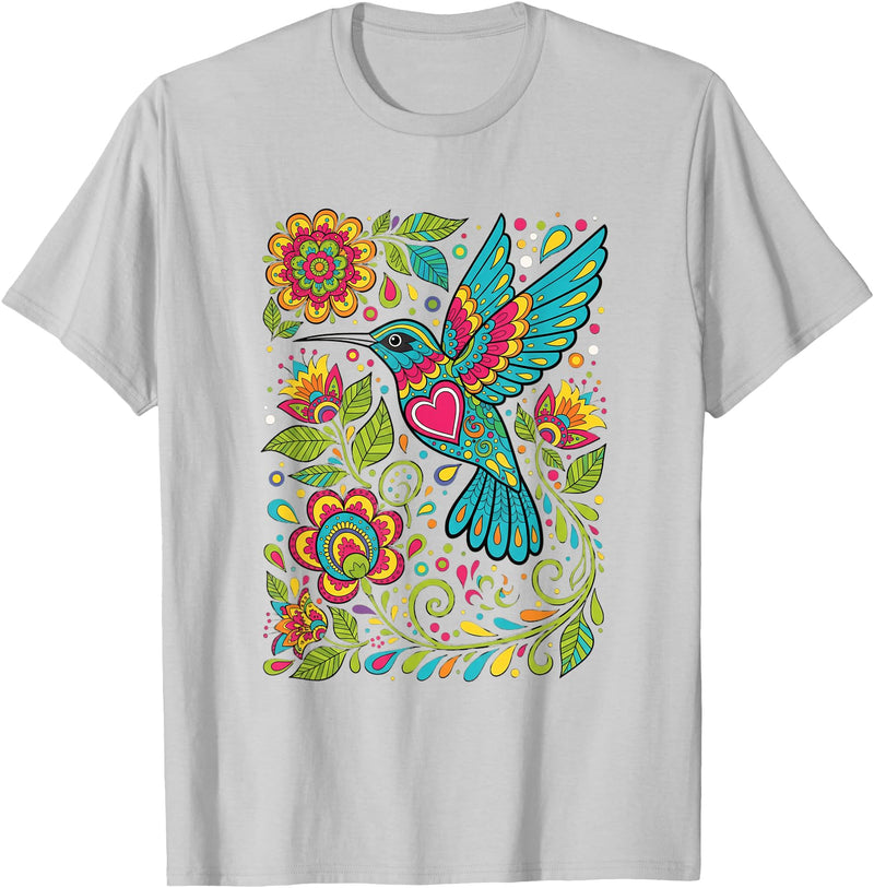 FolkFlight Design Co Bird Hummingbird Floral Folk-Art Colorful T-Shirt - Silver Grey
