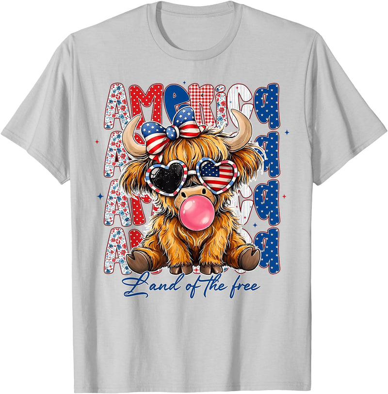 Cute Cow Creations Highland Cow 4th of July, Patriotic Cowgirl Bow Design T-Shirt - Silver Grey