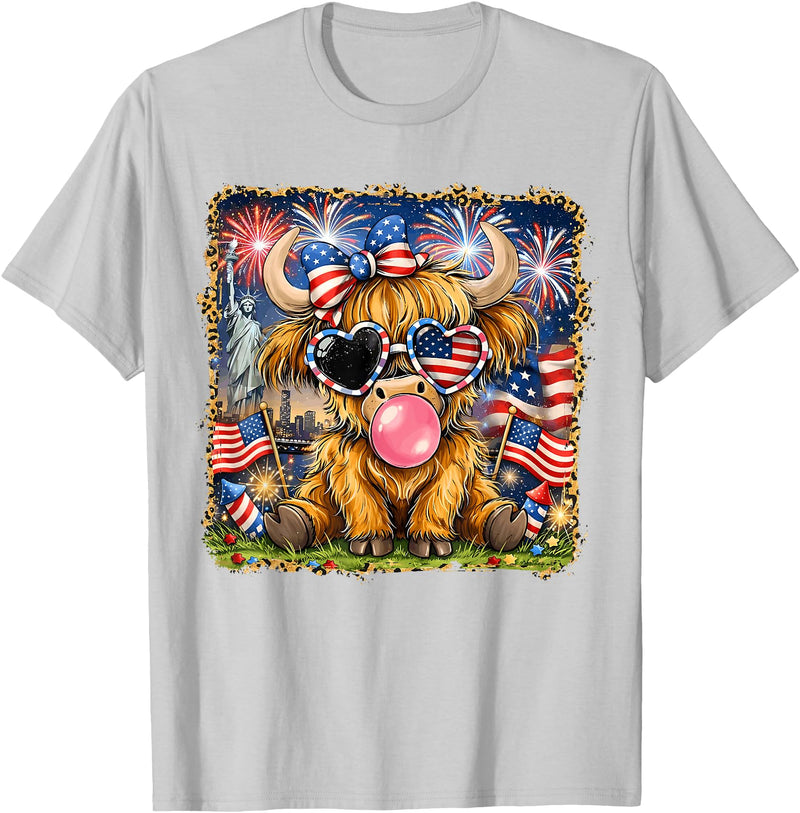 250 Years of Freedom 4th of July Highland Cow Kids Leopard Western Highland Cow 250th Anniversary American Flag T-Shirt -
