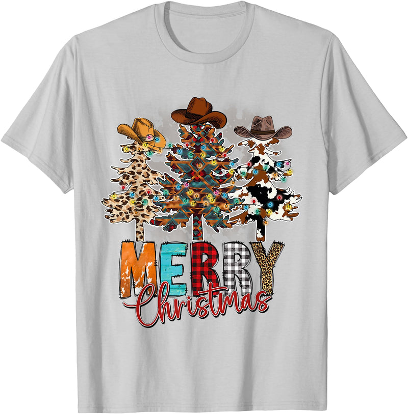 Cowboy Merry Christmas Tree Western Xmas Gifts Merry Christmas Trees Western Cowboy Buffalo Plaid Leopard T-Shirt - Silver