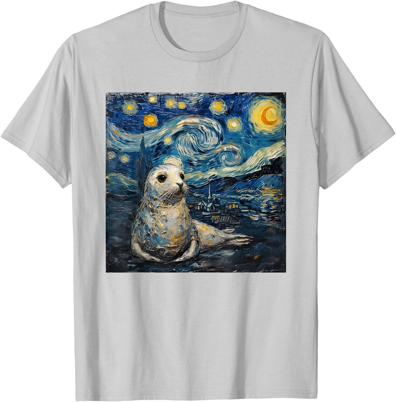 Seal Sea Lion Lover Co Seal Sea Lion Van Gogh Style Starry Night T-Shirt - Silver Grey