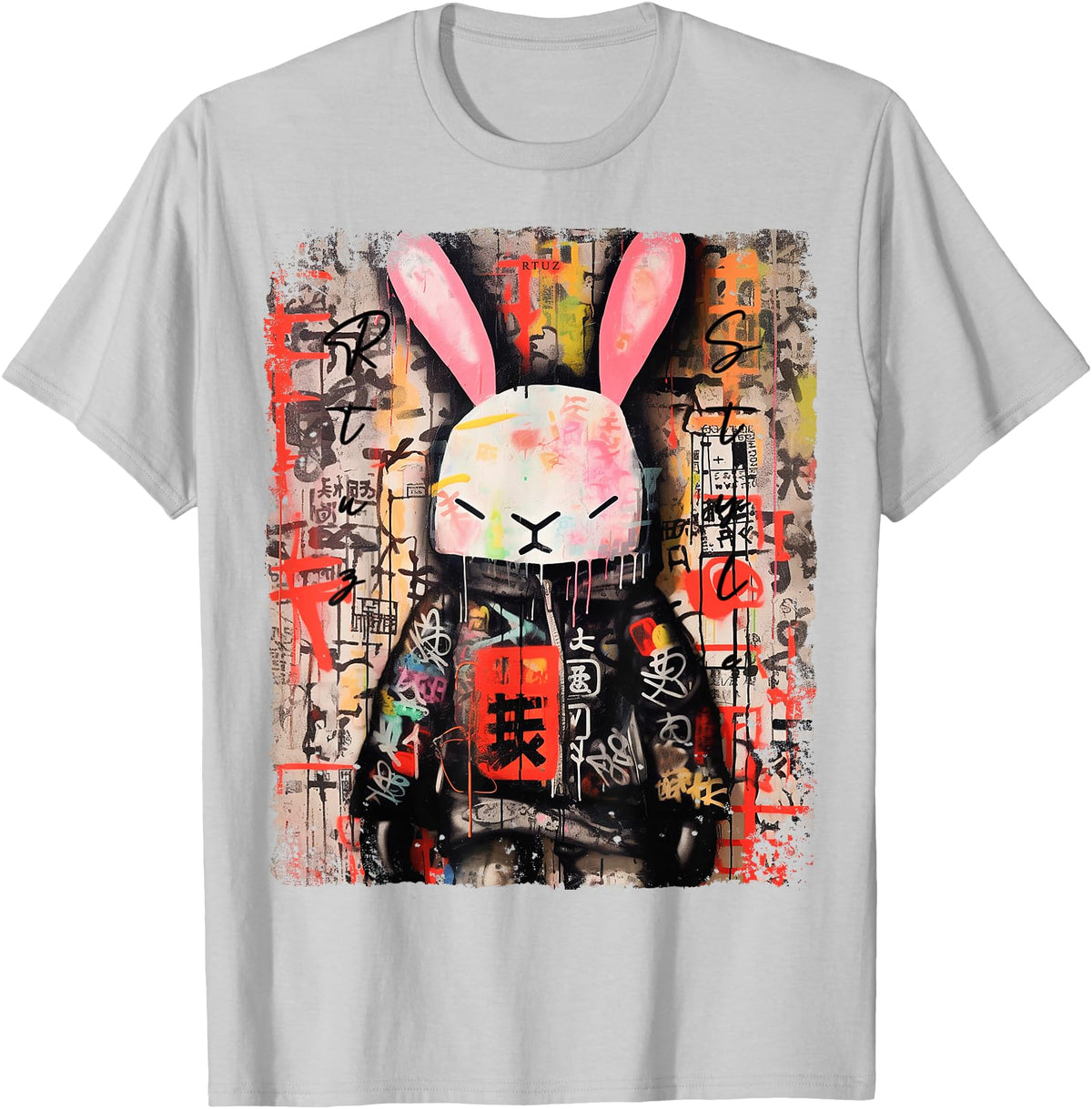Hip Hop Y2K Rabbit Hipster Edgy Streetwear Bunny Samurai T-Shirt in Silver Grey