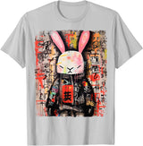 Hip Hop Y2K Rabbit Hipster Edgy Streetwear Bunny Samurai T-Shirt in Silver Grey