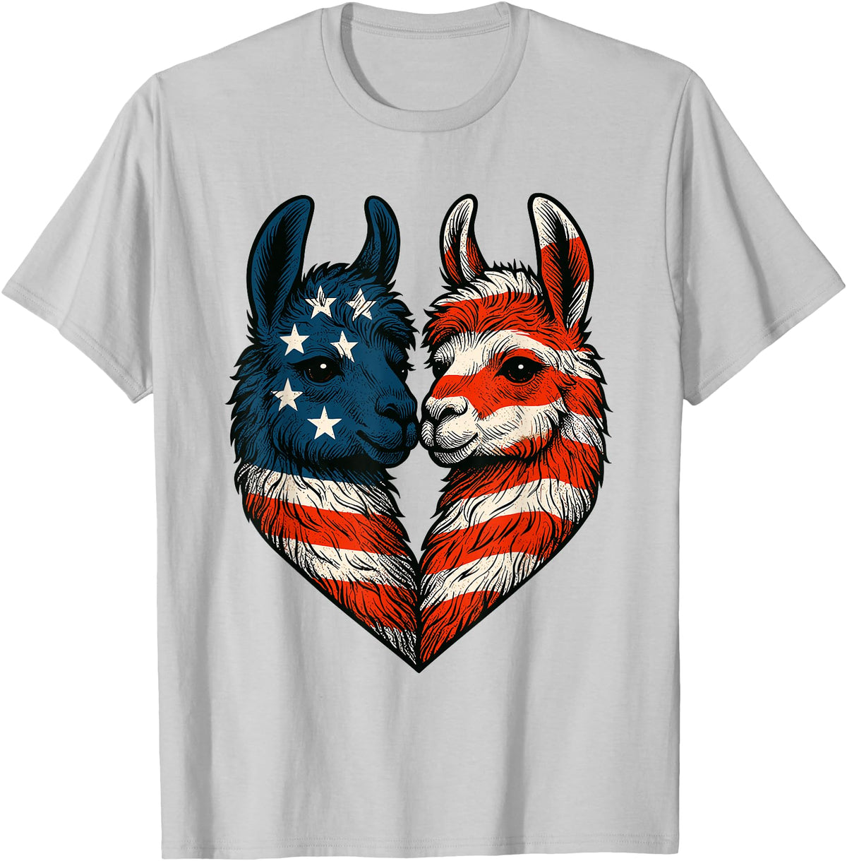 Fourth of July Clothing Co. Patriotic Llamas Heart American Flag 4th of July Graphic T-Shirt - Silver Grey