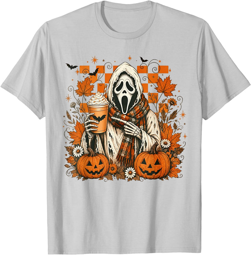 Halloween Pumpkin Ghost Autumn Leaves Graphic Cute Spooky Ghost Fall Halloween Coffee Latte Autumn Pumpkin T-Shirt - Silver