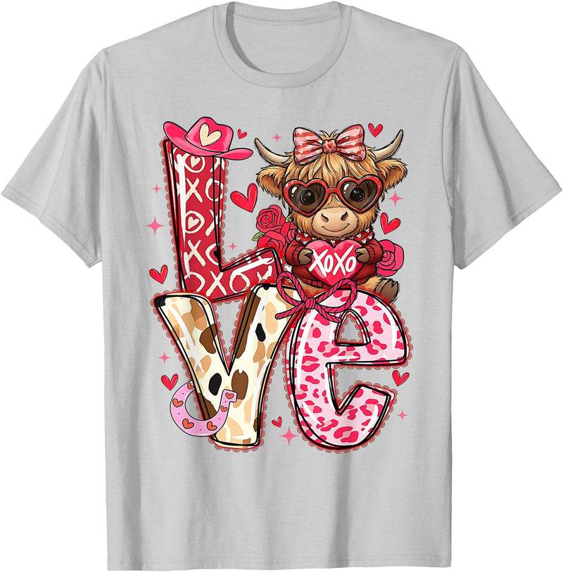 Highland Cow Valentine Tees Love Western Highland Cows Valentine Cowgirl Hat T-Shirt - Silver Grey