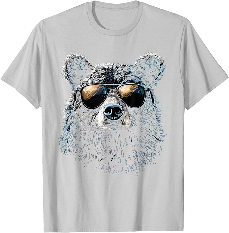 Forest Illustration Bear Art Nature Bear Wearing Sunglasses Wildlife Artwork Graphic Bear T-Shirt - Silver Grey