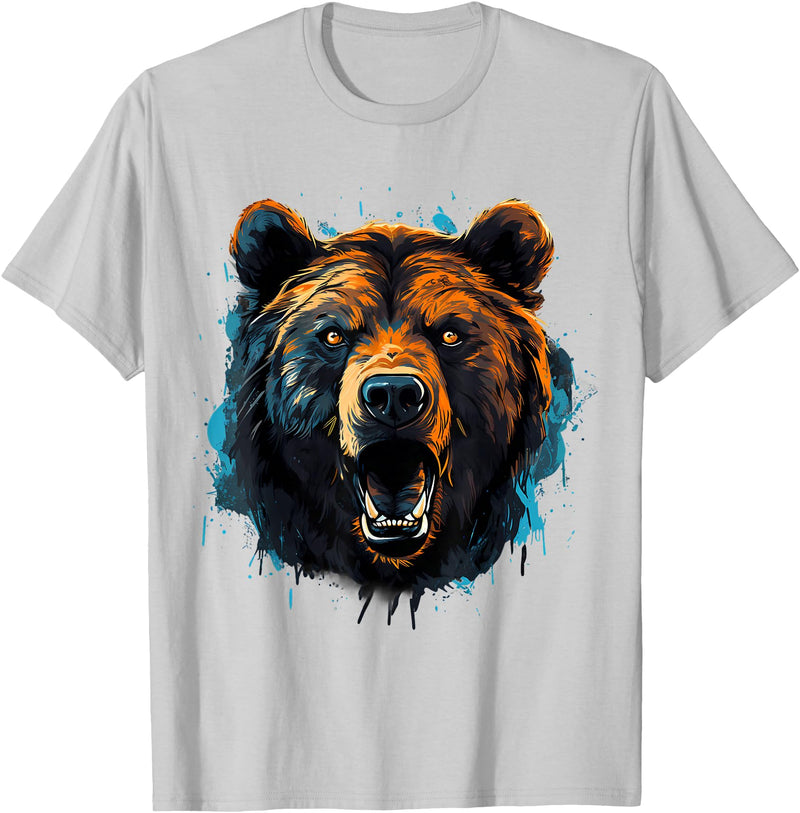 Forest Animal Art Bear Portrait Splash Forest Artwork Animal Lovers Motif T-Shirt - Silver Grey