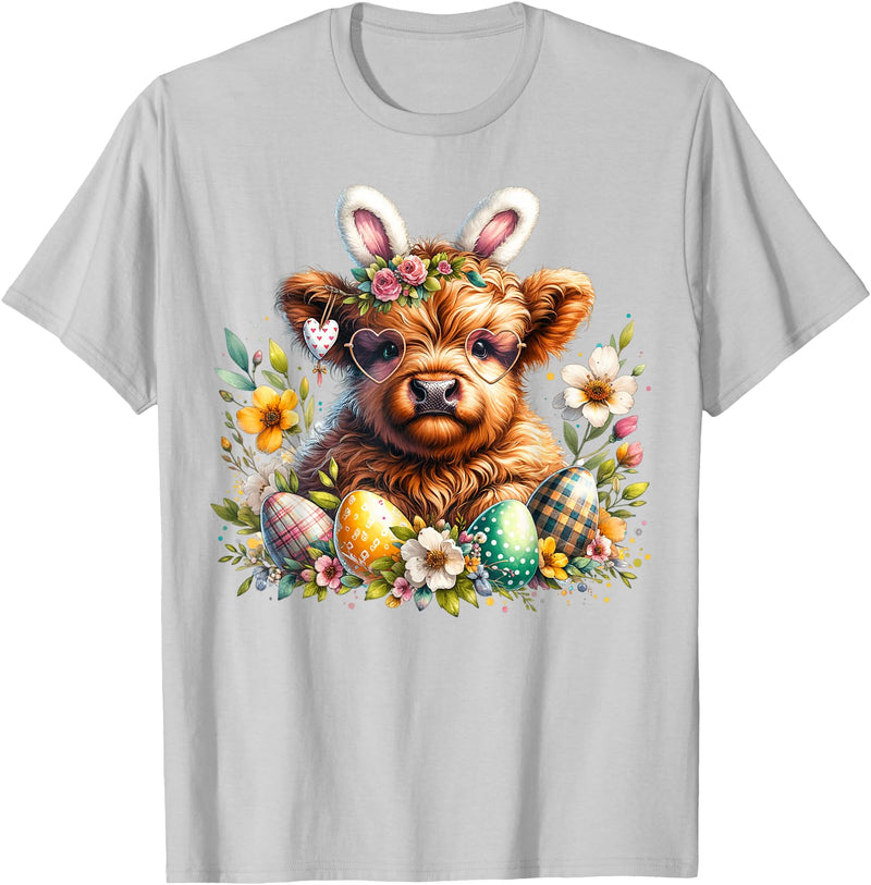 Highland Cow Land of NYC Highland Cow Easter Bunny Moo Basket Egg Floral Women Girls T-Shirt - Silver Grey