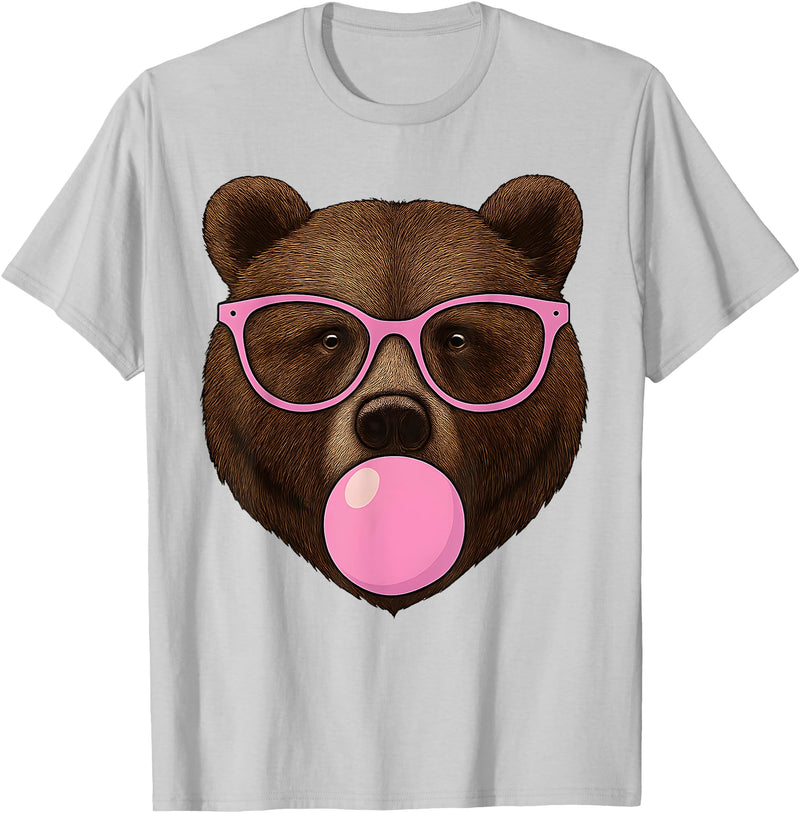 Bear Face Wearing Glasses Apparel For Women ladies Cute Bear Face Eating Gum and Makes Bubble Funny Bears Women T-Shirt - Silver Grey
