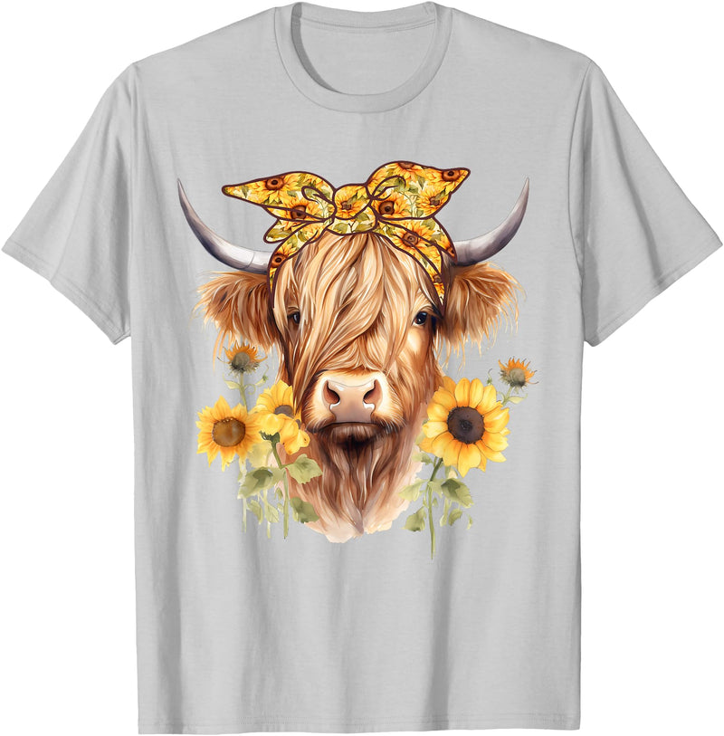 Kala Floral Highland Cow Designs Cute Scottish Highland Cow Wearing Sunflower Bandana Heifer T-Shirt - Silver Grey