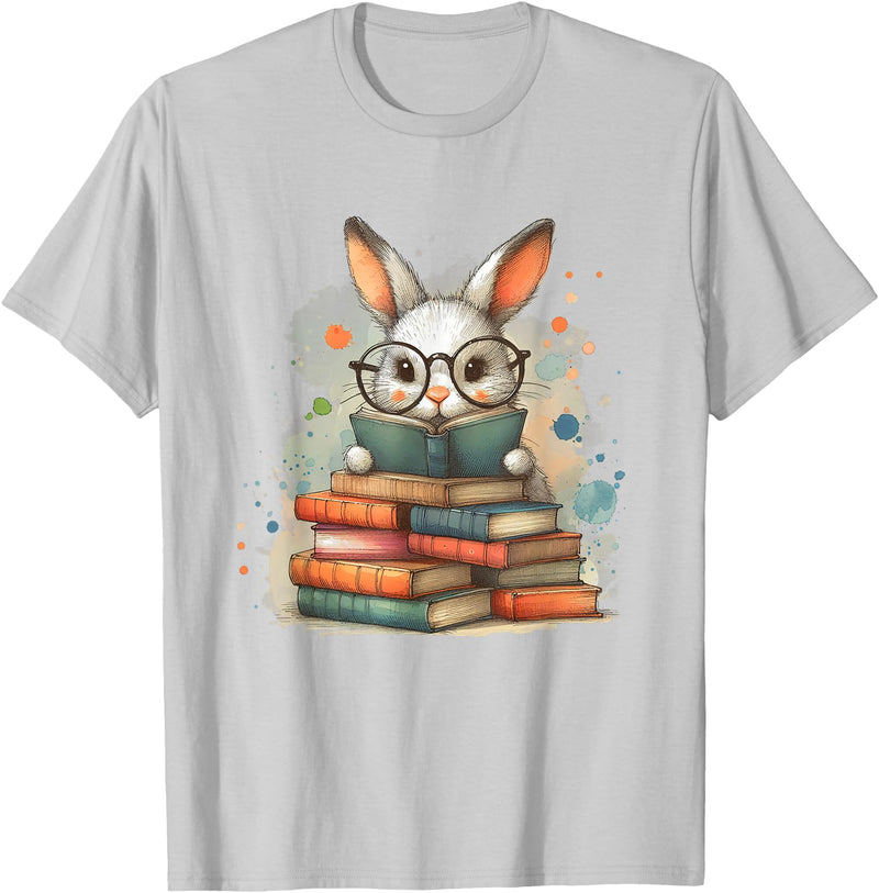 Reading Bunny with Glasses Bookworm Books Reader Unisex-Adults T-Shirt in Silver Grey