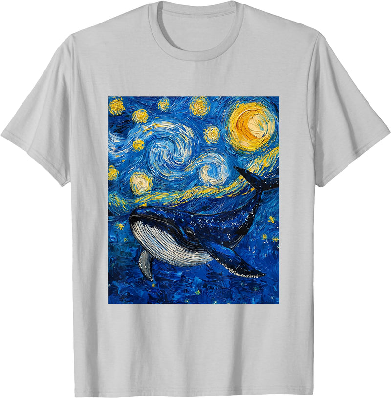 Whale Designs. Whale Fish Van Gogh Style Starry Night Sea Graphic T-Shirt - Silver Grey