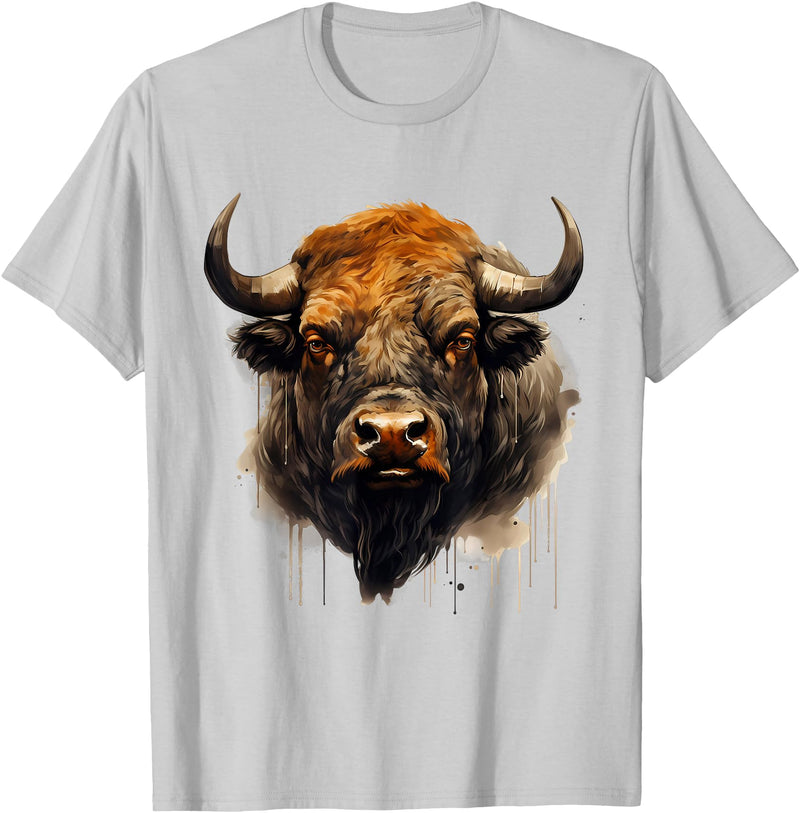 Safari Animal Art Buffalo Animal Print Portrait Bison Nature Artwork T-Shirt - Silver Grey