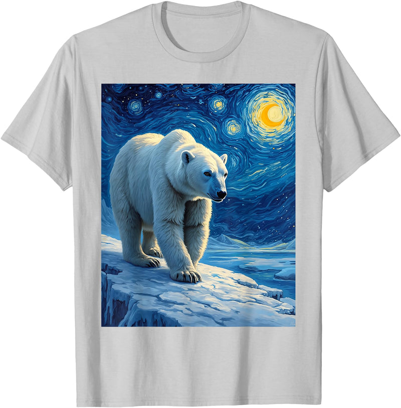Polar Bear Van Gogh's Starry Night Wildlife Art Van Gogh's Starry Night Polar Bear Ice Bear Animal Lovers T-Shirt - Silver Grey