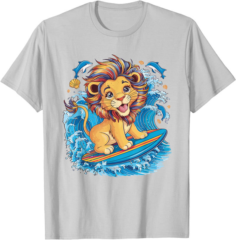 Cute Lion surfing gifts Cute Surfing Lion Riding the Waves T-Shirt - Silver Grey
