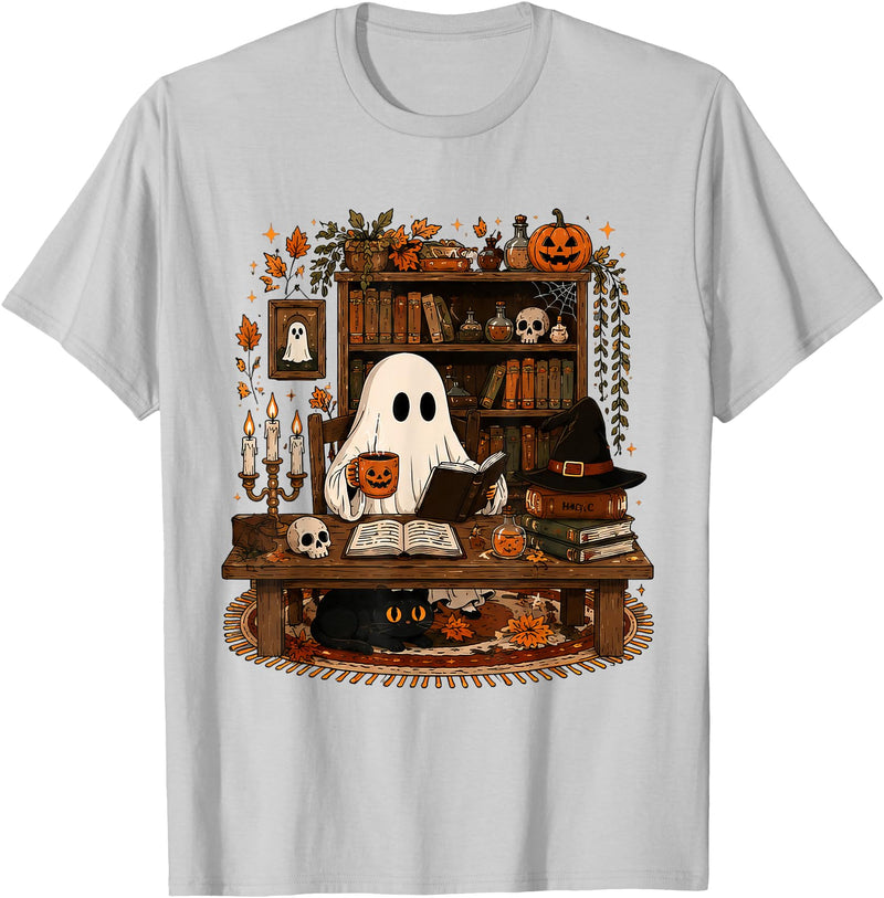 Retro Ghost Reading Funny Halloween Spooky Book Lover T-Shirt - Silver Grey