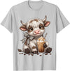 Funny Highlander Cow Drinking Coffee Lover Designs Highland Cow Drinking Iced Coffee Lover Funny Animal Meme T-Shirt -