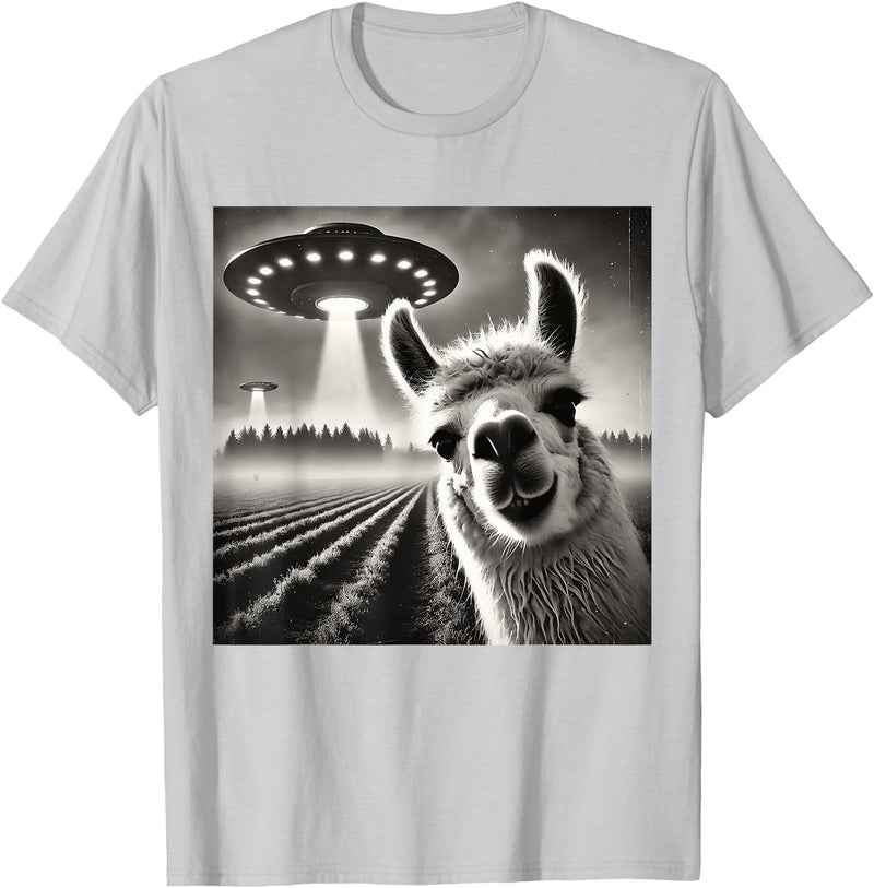 ÄLlamaAlpacaCo. Funny Llama Alpaca Selfie UFOs T-Shirt - Silver Grey