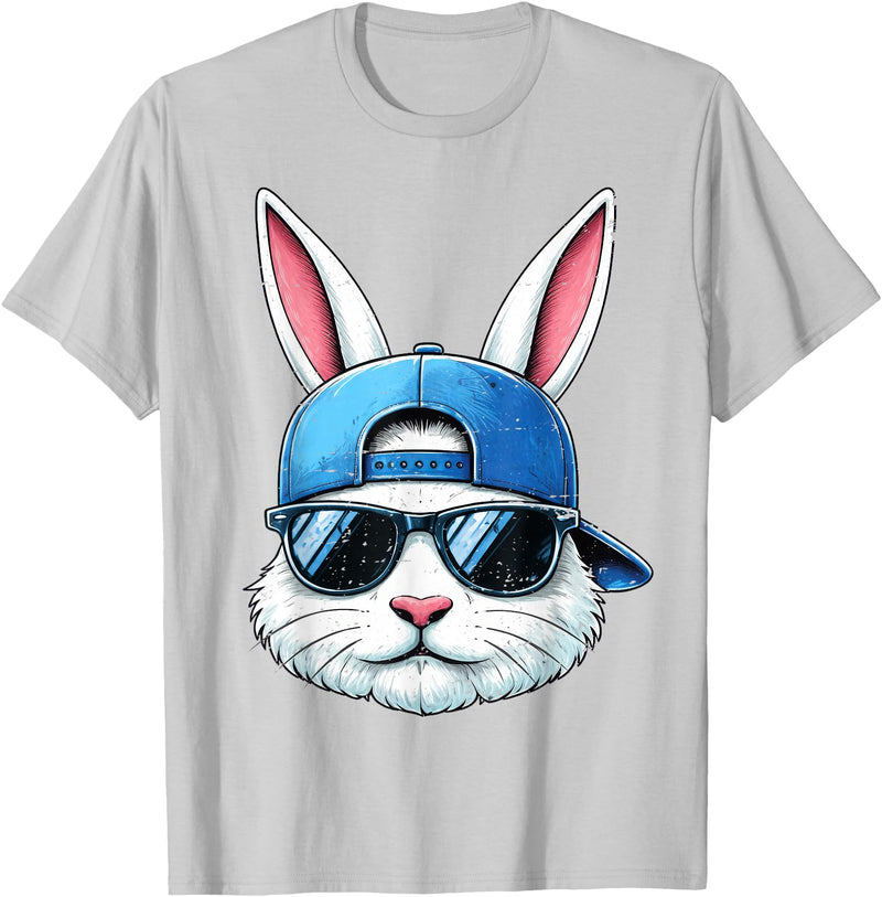 Cool Bunny Face with Sunglasses Cap Easter Kids Boys T-Shirt in Silver Grey